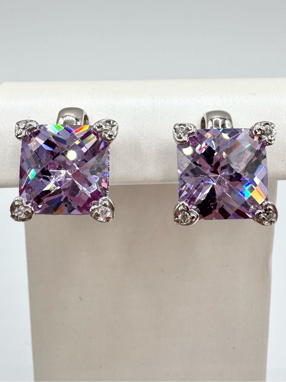 Big Purple CZ Cubic Zirconia Stud Earrings Heart Prongs Silver Tone Pierced Icy